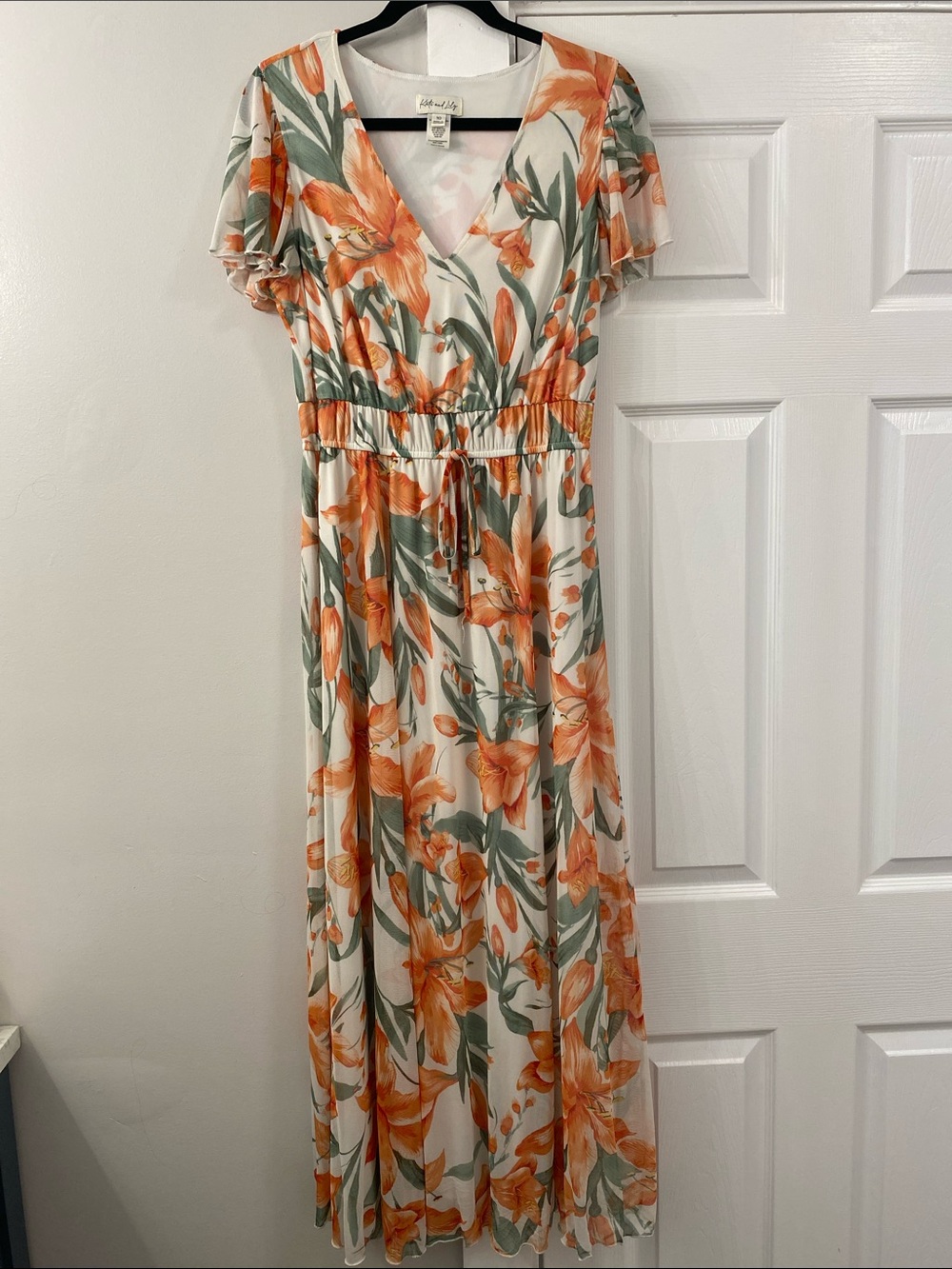 Floral Maxi Dress Size 10 - Flutter Sleeve Orange/Green/Cream